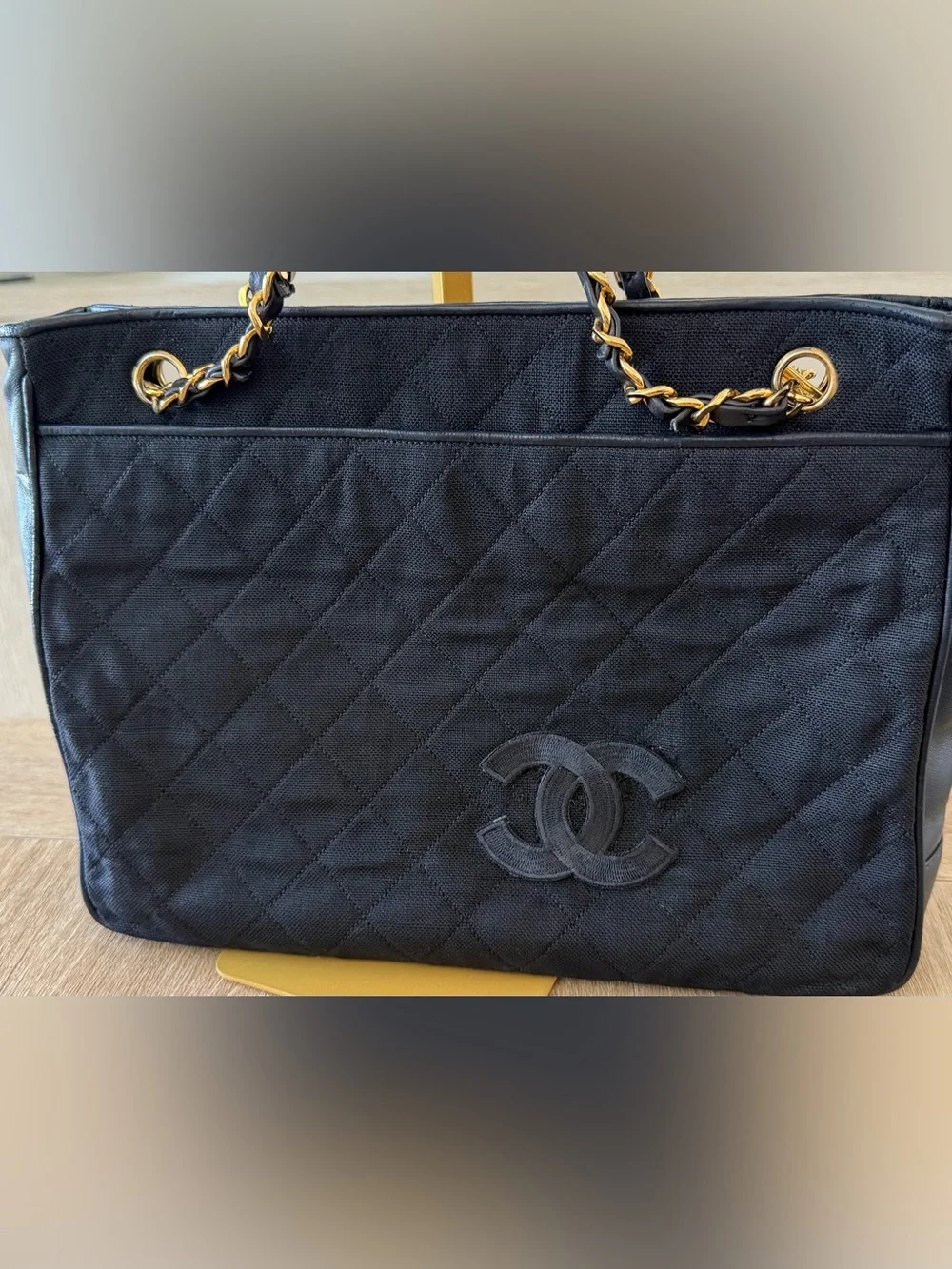 CHANEL Black Quilted Canvas Tote with Gold Chain-Strap